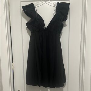 Black Mini Sundress with Plunge Neckline and Flutter Sleeves for Cocktail